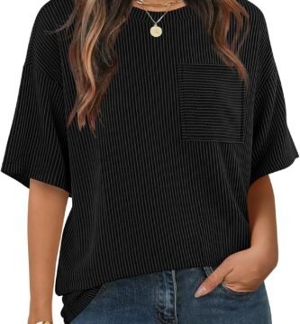 MEROKEETY Women's Summer Short Sleeve Tops Oversized Crewneck Textured Blouse Casual Basic Tunic Tee