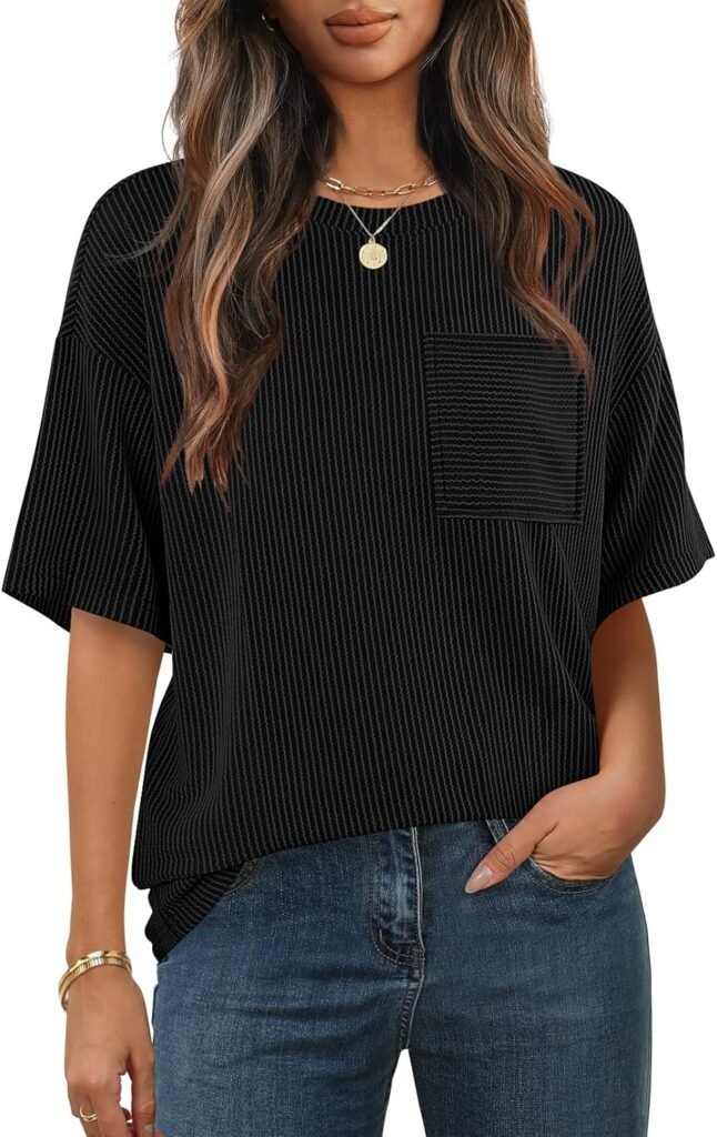 MEROKEETY Women's Summer Short Sleeve Tops Oversized Crewneck Textured Blouse Casual Basic Tunic Tee
