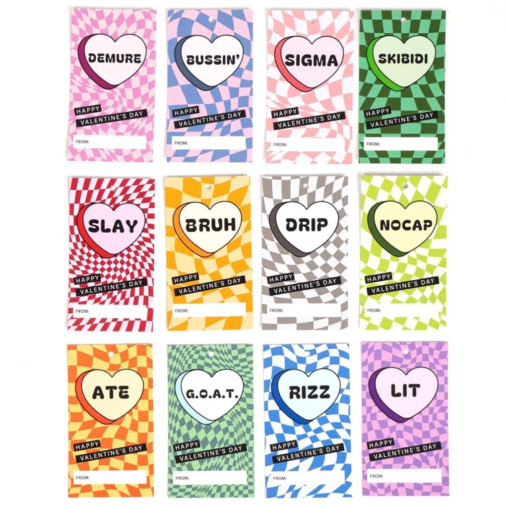 Candy Hearts Slang Words Valentine's Day Cards for School, Gen Alpha Kids, Teens, Tweens, Bulk Valentines Day Gifts, 2 x 3.9 inches, Set of 24 cards