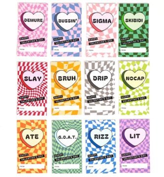 Candy Hearts Slang Words Valentine's Day Cards for School, Gen Alpha Kids, Teens, Tweens, Bulk Valentines Day Gifts, 2 x 3.9 inches, Set of 24 cards