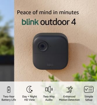 Blink Outdoor 4 (newest model), Wire-free smart security camera, two-year battery life, two-way audio, HD live view, enhanced motion detection, Works with Alexa – 5 camera system