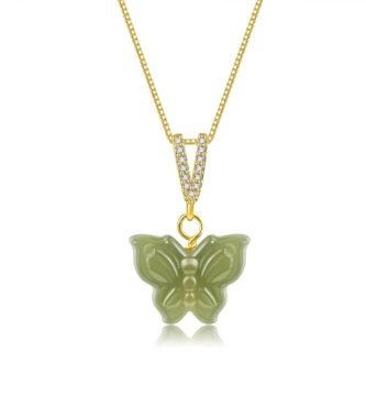 Natural Hetian Jade Necklace for Women, Butterfly Pendant Necklace Simple Fresh Necklace Choker Pendant Handmade Jewelry (S925 Sterling Silver Gold Plated)