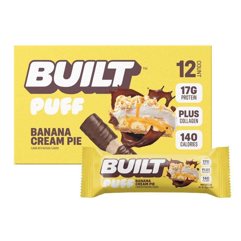 BUILT Protein Bars, Banana Cream Pie Puff, 12 bars, Protein Snacks with 17g of Protein, Collagen, Gluten Free Chocolate Protein Bar with only 140 calories & 6g sugar, Perfect On The Go Protein Snack