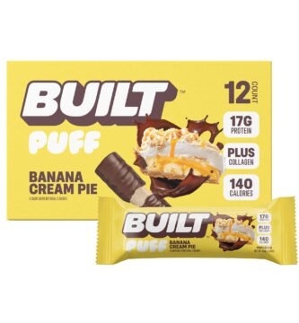 BUILT Protein Bars, Banana Cream Pie Puff, 12 bars, Protein Snacks with 17g of Protein, Collagen, Gluten Free Chocolate Protein Bar with only 140 calories & 6g sugar, Perfect On The Go Protein Snack