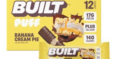 BUILT Protein Bars, Banana Cream Pie Puff, 12 bars, Protein Snacks with 17g of Protein, Collagen, Gluten Free Chocolate Protein Bar with only 140 calories & 6g sugar, Perfect On The Go Protein Snack