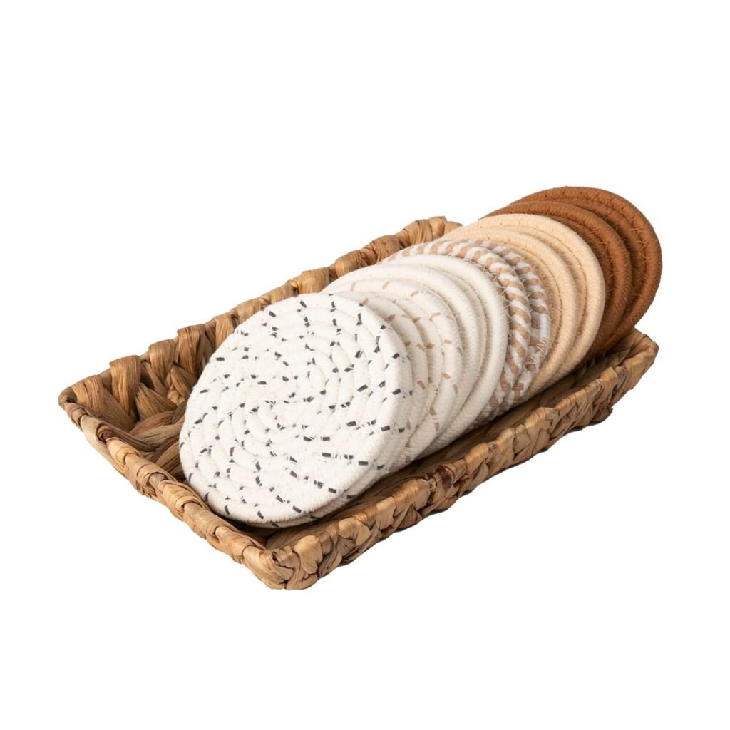 Coasters for Drinks & Water Hyacinth Storage Basket Set- 6 Styles 12 Pcs Boho Absorbent Coasters for Coffee Table, Large Hand Woven Wicker Basket for Home Decor