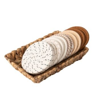 Coasters for Drinks & Water Hyacinth Storage Basket Set- 6 Styles 12 Pcs Boho Absorbent Coasters for Coffee Table, Large Hand Woven Wicker Basket for Home Decor