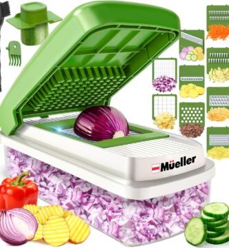 Mueller Vegetable Chopper 9 Blade, Mandoline Slicer, Food Veggie Chopper, Cheese Grater, Onion Vegetable Cutter with Container, Dicer, Kitchen Gadgets & Essentials, White Sand/Green