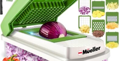 Mueller Vegetable Chopper 9 Blade, Mandoline Slicer, Food Veggie Chopper, Cheese Grater, Onion Vegetable Cutter with Container, Dicer, Kitchen Gadgets & Essentials, White Sand/Green