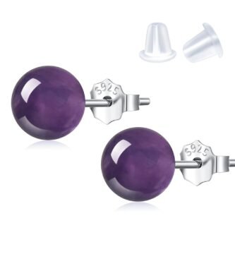Natural Amethyst Earrings Sterling Silver - 6mm Amethyst Gemstone Stud Earrings, Purple Healing Crystal Earrings Handmade Birthstone Jewelry Valentine's Day Gifts for Her
