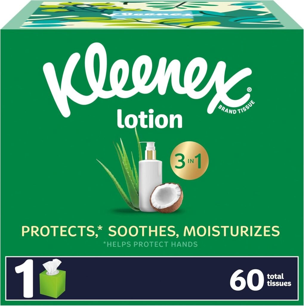 Kleenex Soothing Lotion Facial Tissues with Coconut Oil, Aloe & Vitamin E, 1 Cube Box, 60 Tissues per Box, 3-Ply (60 Total Tissues)