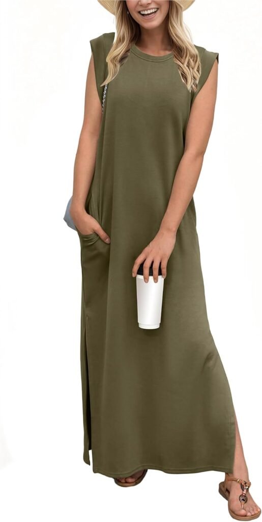 GRECERELLE 2025 Women Summer Round Neck Casual Loose Split Wrinkle-Free Long Maxi Beach Dress with Pockets (XS-3XL)