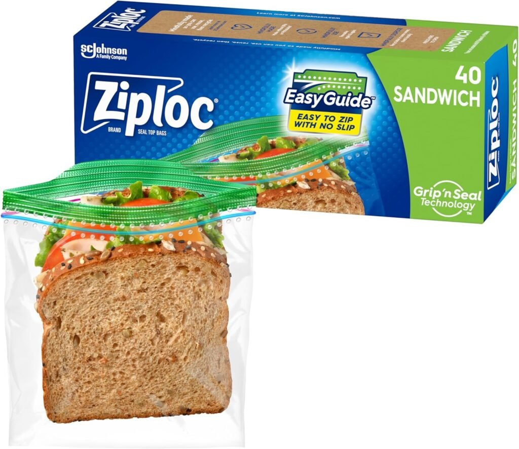 Ziploc Sandwich and Snack Bags with EasyGuide Texture, Plastic Storage Bags with Grip 'n Seal Technology, 40 Bags Total