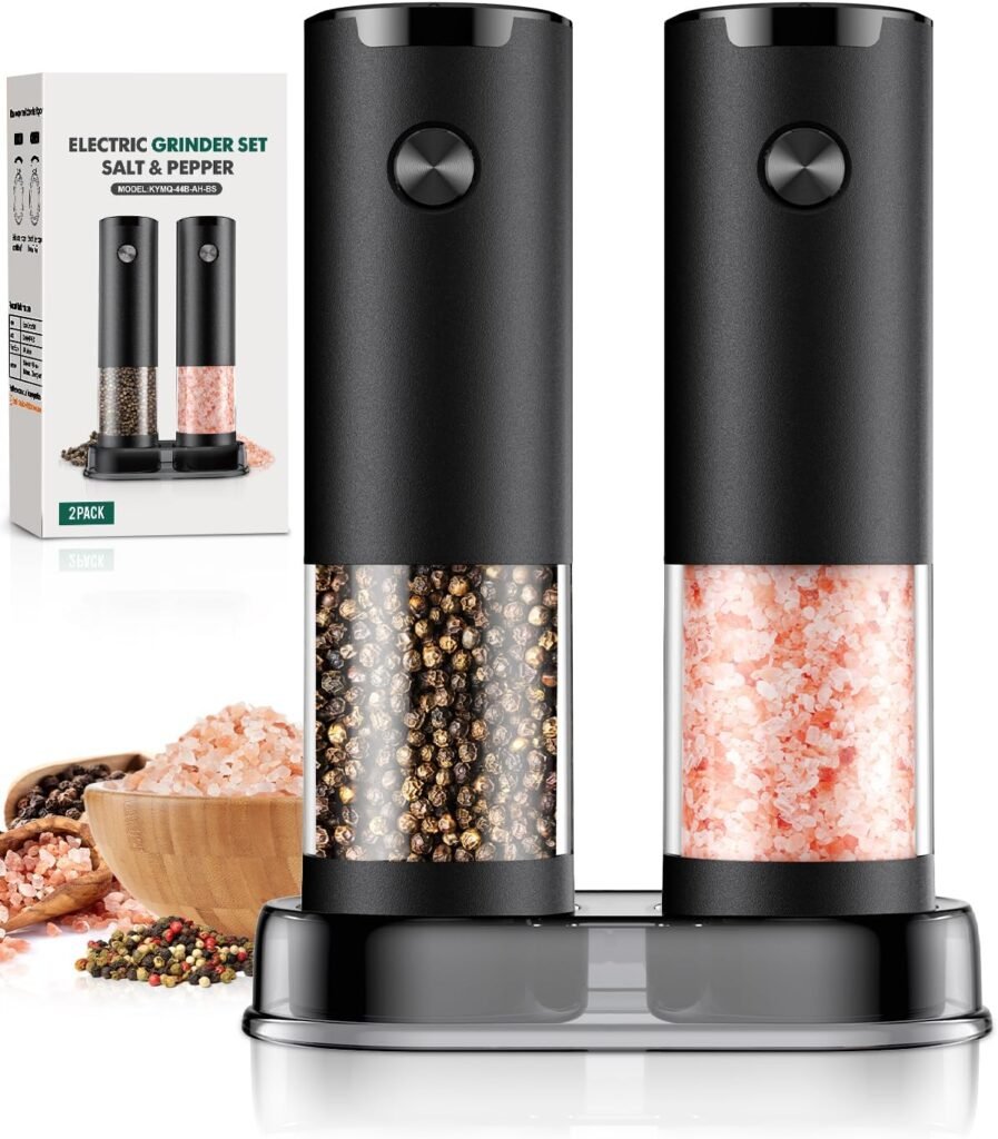 Electric Salt and Pepper Grinder Set Automatic Battery Pepper Mill Shakers Adjustable Coarseness Easy Filling Upgraded Larger Capacity with Led (2 Pack Black/Black)