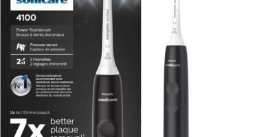 Philips Sonicare 4100 Rechargeable Electric Toothbrush, with Pressure Sensor, 2 Intensity Settings, SmarTimer and QuadPacer, 14-Day Battery Life, Black, Model HX3681/24