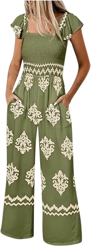 Women's Casual Loose Overalls Jumpsuits One Piece Sleeveless Printed Wide Leg Long Pant Rompers with Pockets