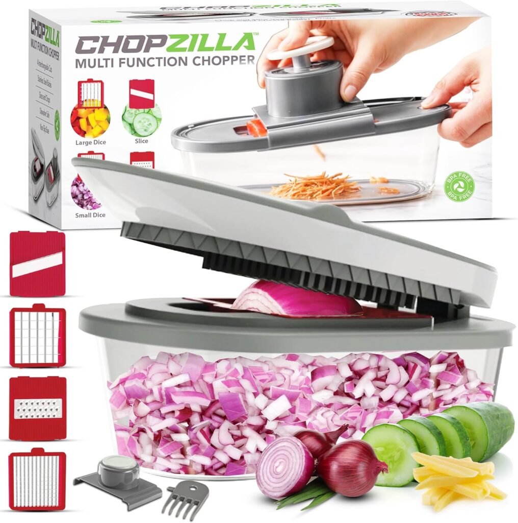 Vegetable Chopper, Mandoline Slicer with 4 Blades & Scraper, ALL in 1 Sharp Veggie Chopper, French Fry Cutter, Onion, Fruit, Salad, Potato, Kitchen Gadgets Essentials As Seen on TV Products