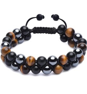 HASKARE Triple Protection Bracelet, Genuine Tigers Eye Black Obsidian and Hematite 8mm Beads Bracelet for Men Women, Crystal Jewelry Stone Bracelets Christmas Gifts for Men Bring Luck Prosperity