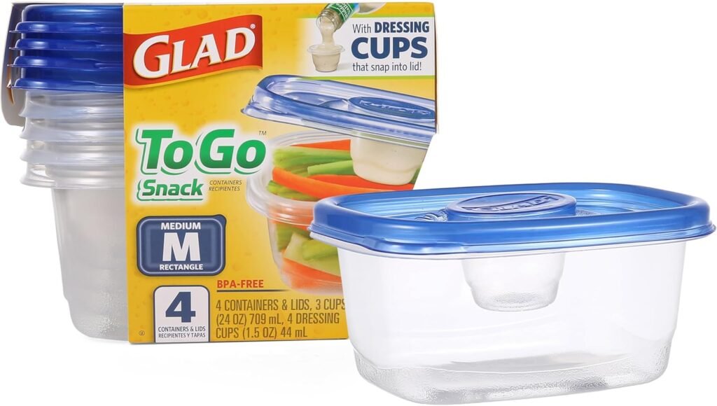 GladWare To Go Snack Food Storage Containers | Medium Rectangle Food Containers | Food Storage Container Holds 24 Ounces of Food | Glad Snack Food Containers, 4 Count Set