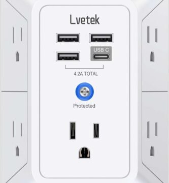 5 Outlet Extender Multi Plug Wall Outlets with 4 USB Charging Ports (1 USB C Outlet), 3 Sided 1680J Surge Protector Power Strip USB Wall Charger for Home, Office, Travel, ETL Listed, White