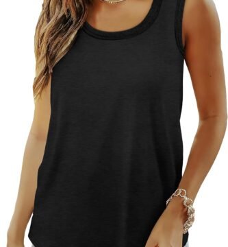 Saloogoe Womens Tank Tops Summer Loose Sleeveless Tops Ribbed Trim Scoop Neck Curved Hem 2024