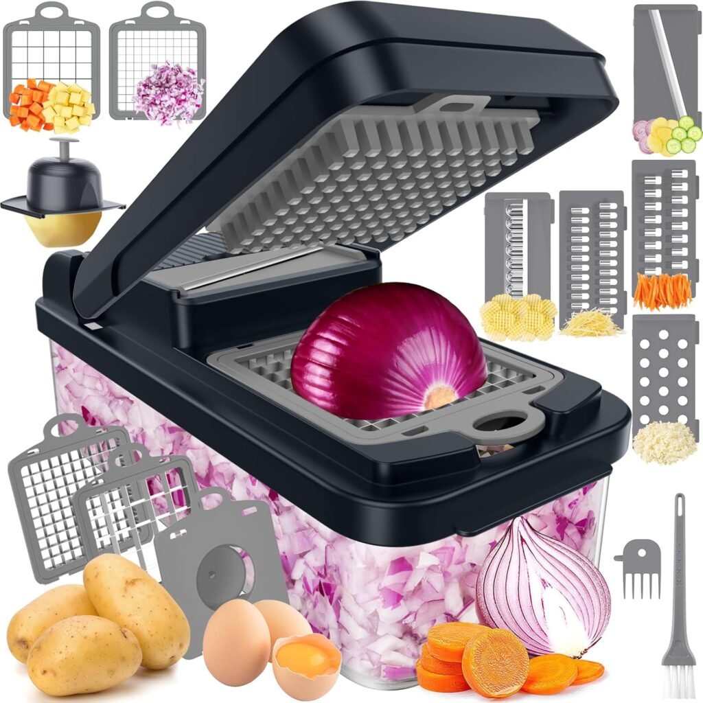 12-in-1 Vegetable Chopper, Kitchen Gadgets with 7 Blades, Veggie, Food, Onion Chopper, Cucumber Slicer, Versatile Mandoline, Includes Egg Separator & Finger Guard, Gray