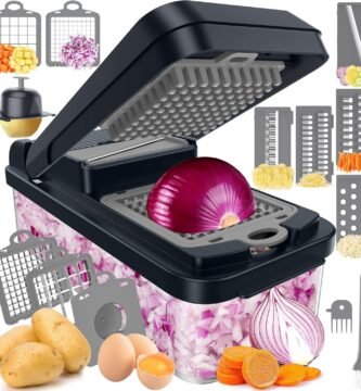 12-in-1 Vegetable Chopper, Kitchen Gadgets with 7 Blades, Veggie, Food, Onion Chopper, Cucumber Slicer, Versatile Mandoline, Includes Egg Separator & Finger Guard, Gray