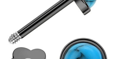 G23 Titanium Handmade Turquoise Stud Earrings for Sensitive Skin Hypoallergenic Women Flat Back Nap Earrings Studs 20G Screw Back Cartilage Stud Earrings (Black, Blue Turquoise)