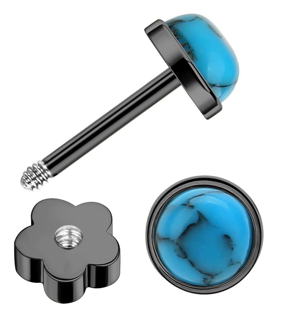 G23 Titanium Handmade Turquoise Stud Earrings for Sensitive Skin Hypoallergenic Women Flat Back Nap Earrings Studs 20G Screw Back Cartilage Stud Earrings (Black, Blue Turquoise)