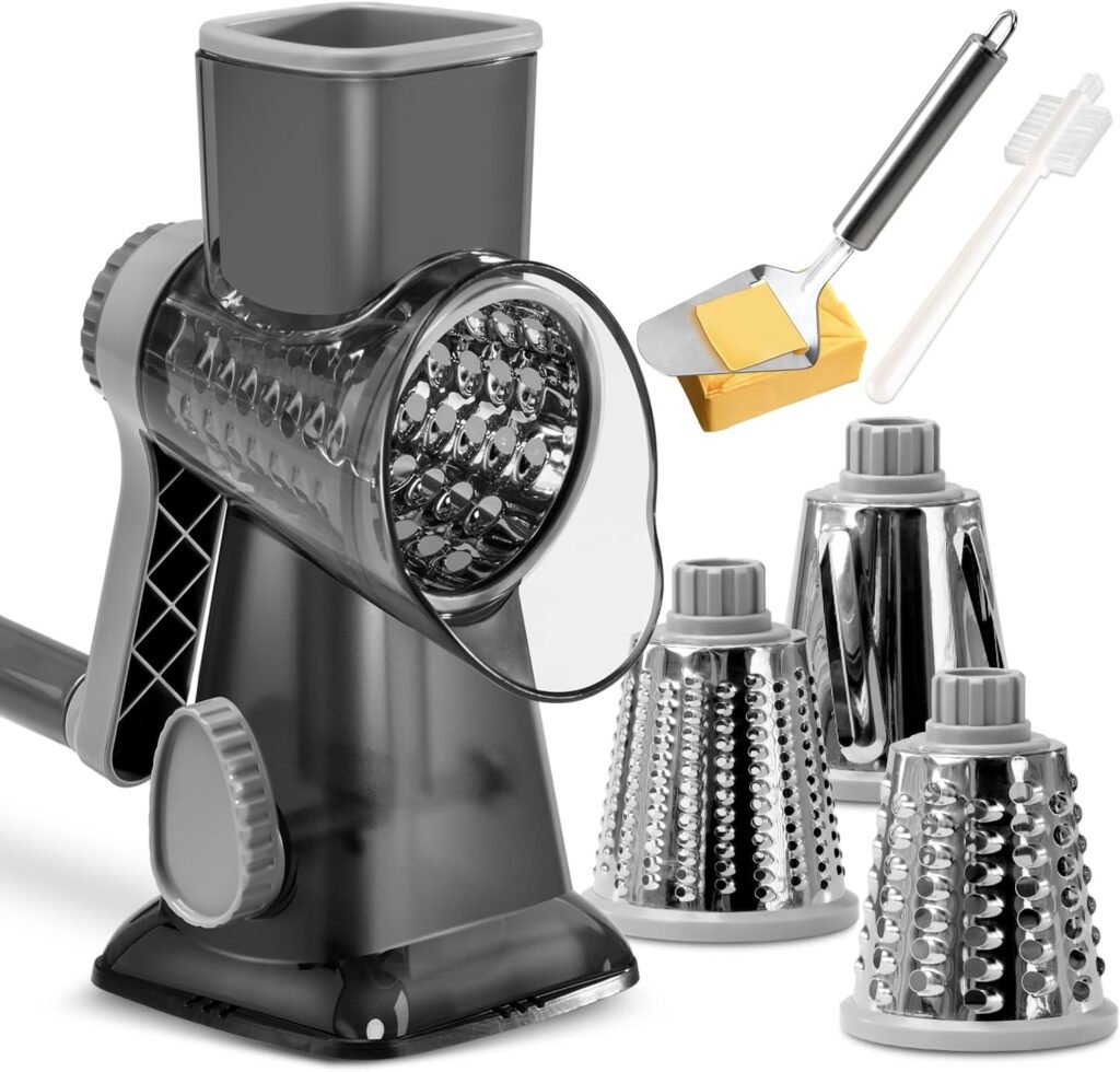 KEOUKE Rotary Cheese Grater with Handle Vegetable Cheese Shredder Slicer Grater for Kitchen 3 Changeable Blades for Cheese Potato Zucchini Nuts Chocolate (Dark Grey SP)