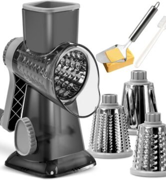 KEOUKE Rotary Cheese Grater with Handle Vegetable Cheese Shredder Slicer Grater for Kitchen 3 Changeable Blades for Cheese Potato Zucchini Nuts Chocolate (Dark Grey SP)