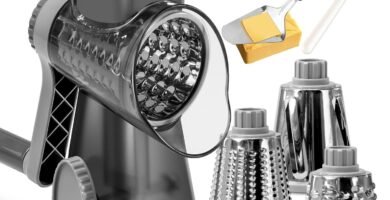 KEOUKE Rotary Cheese Grater with Handle Vegetable Cheese Shredder Slicer Grater for Kitchen 3 Changeable Blades for Cheese Potato Zucchini Nuts Chocolate (Dark Grey SP)