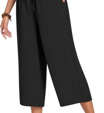Anyhold Womens Capri Pants Loose High Waisted Wide Leg Lounge Pants Drawstring Casual Palazzo Trousers with Pockets