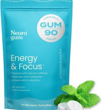 NeuroGum Energy Caffeine Gum (90 Pieces) - Sugar Free with L-theanine + Natural Caffeine + Vitamin B12 & B6 - Nootropic Energy & Focus Supplement for Women & Men - Keto & Vegan, Peppermint Flavor