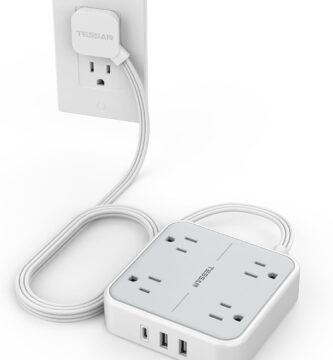 Flat Plug Surge Protector Power Strip, TESSAN 5 ft Ultra Thin Extension Cord with 3 USB Wall Charger(1 USB C Port), 4 Outlets Slim Desk Charging Station for Travel, Office, Dorm Room Essentials