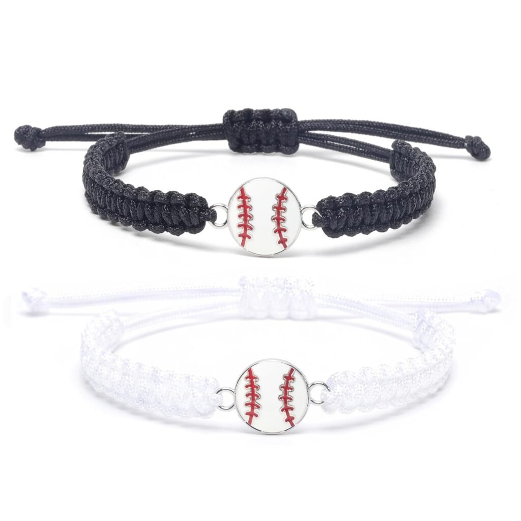 MANYC 2pcs Braided Sport Bracelets, Sports Accessories Adjustable, Baseball, Volleyball, Basketball, Soccer, Football Jewelry for Fans, Ideal for Birthday or Halloween Gifts (Baseball 2PCS)