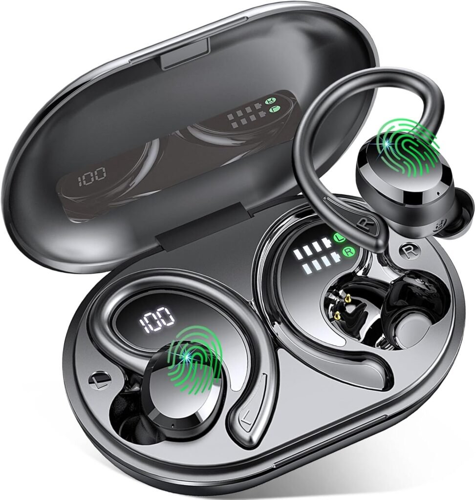 Wireless Earbuds Sport, 2025 Bluetooth 5.4 Headphones Bass Hi-Fi Stereo Over Ear Buds, 56Hrs Noise Cancelling Headset with Earhook, IP7 Waterproof Earphones Workout Running for Laptop Pad Android iOS