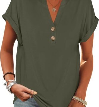 ANRABESS Womens Short Sleeve Henley Tops V Neck Dressy Casual Loose Fit Shirts Summer Flowy Blouses 2025 Trendy Clothes