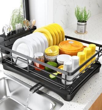 Dish Drying Rack for Kitchen Counter - Large Dish Rack with Drainboard, Rustproof Dish Drainer with Utensil Holder for Sink, Black