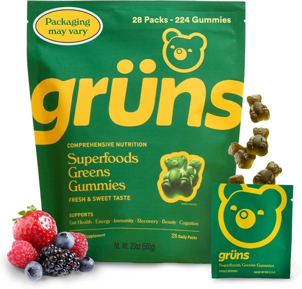 Gruns Adults Super Greens Gummies, Superfood Gummy Bears with Spirulina, Chlorella, Prebiotic & Fiber for Digestive Health, Adaptogens Supplement with 20 Vitamins & Minerals, Low Sugar - 28 Day Supply