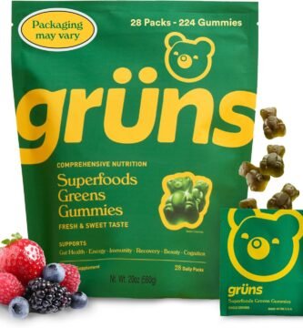 Gruns Adults Super Greens Gummies, Superfood Gummy Bears with Spirulina, Chlorella, Prebiotic & Fiber for Digestive Health, Adaptogens Supplement with 20 Vitamins & Minerals, Low Sugar - 28 Day Supply