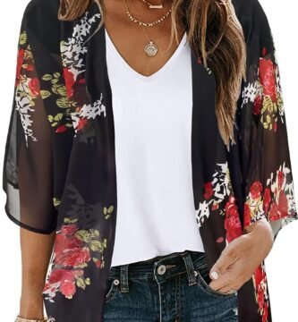 Women's Floral Print Puff Sleeve Kimono Cardigan Loose Cover Up Casual Blouse Tops