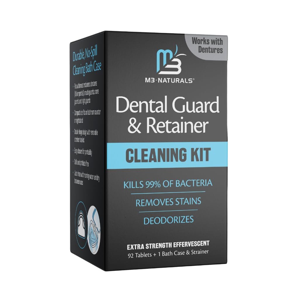 M3 Naturals Retainer Cleaner and Soak Container, No-Mess Cleaning Tablets with Universal Denture Bath Case and Strainer, Multipurpose, for Mouth Guard Stains, Odor, and Plaque
