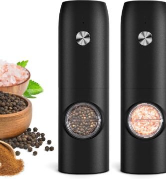 Electric Salt and Pepper Grinder Set, Rechargeable Automatic Pepper Mill Grinder with LED Light, Adjustable Coarseness shakers, One-Hand Operation for Kitchen(2 Pack,Black+Black)