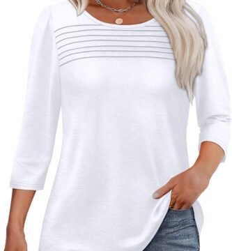 OFEEFAN Womens Tops 3/4 Length Sleeve Blouses Dressy Casual Spring Summer Outfits Pleated Front T Shirts Curved Hem