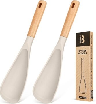 Cooking Spoon for Nonstick Cookwares, Great for Cooking and Serving Sturdy BPA-Free Matte Silicone, Wood Handle Spoon for Mixing, Scoop, and Scrape (2 Pack of Khaki, 11.4 inch)