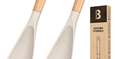 Cooking Spoon for Nonstick Cookwares, Great for Cooking and Serving Sturdy BPA-Free Matte Silicone, Wood Handle Spoon for Mixing, Scoop, and Scrape (2 Pack of Khaki, 11.4 inch)