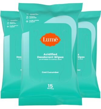 Lume Acidified Deodorant Wipes - 24 Hour Odor Control - Aluminum Free, Baking Soda Free, Skin Loving - 15 Count (Pack of 3) (Cool Cucumber)