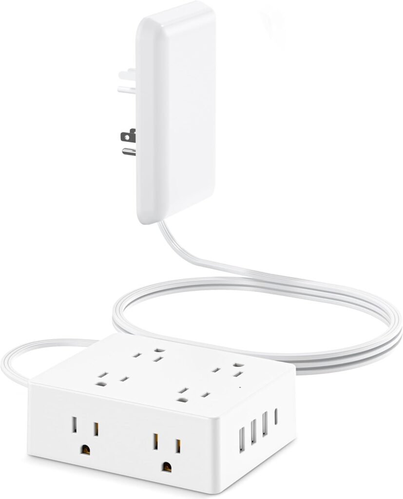 Flat Extension Cord with Outlet Cover, Olcorife Flat Plug Power Strip with 8 Outlets and 4 USB Ports, 2000 Joules Surge Protector, 5 FT Cord Hidden Outlet Extender for Tight Spaces