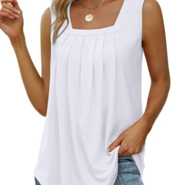 Saloogoe Summer Tank Tops for Women Loose Fit Pleated Square Neck Sleeveless Tops Curved Hem Flowy